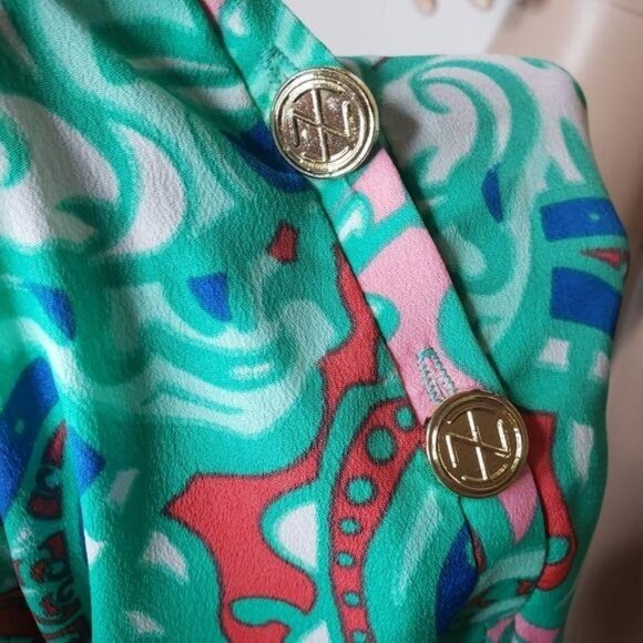 Tracy Negoshian XS Sleeveless Colorful Paisley Print Shift Dress Gold Buttons - Picture 5 of 12